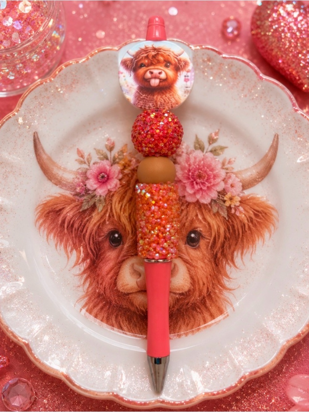 Handmade Cute Pink Glitter Highland Cow Ballpoint Pen